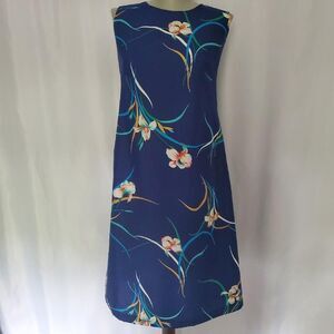 Vintage Womens Made in Hawaii A-line dress Blue floral peek a boo back SZ 13